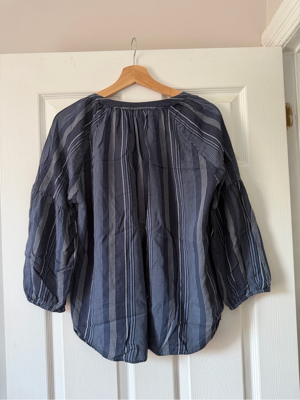 Eddie Bauer Women's Navy Striped Peasant Blouse - Picture 3 of 5